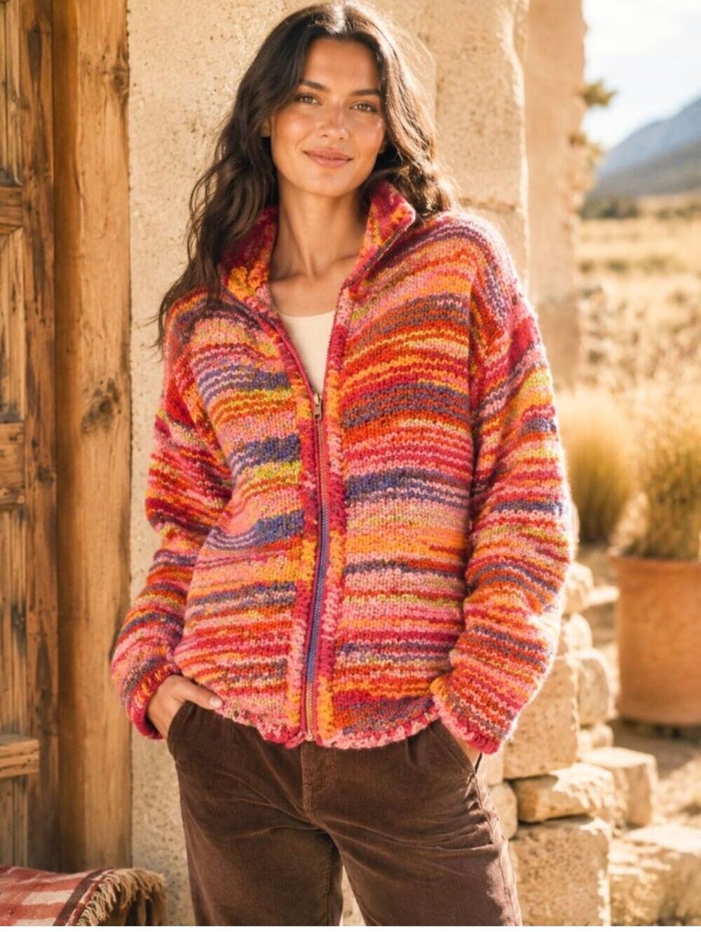 The Sweater Venture Multicolor Striped 100% Wool ZipUp Hand Knit Cardigan-Size S